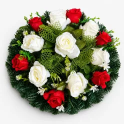   Temetési koszorú, fehér-piros selyemvirágos – 35 cm (13 virág)