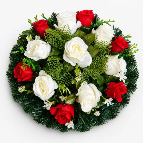 Temetési koszorú, fehér-piros selyemvirágos – 35 cm (13 virág)