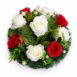   Sírkoszorú, fehér-piros selyemvirágos – 25 cm (9 virág)
