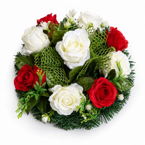 Sírkoszorú, fehér-piros selyemvirágos – 25 cm (9 virág)