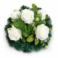 Sírkoszorú, fehér selyemvirágos – 25 cm (5 virág)
