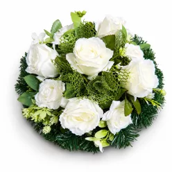 Sírkoszorú, fehér selyemvirágos – 25 cm (9 virág)