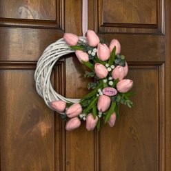   Tavaszi dekoráció-Púder rózsaszín tulipános tavasz kopogtató