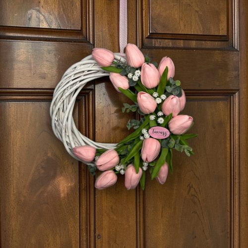 Tavaszi dekoráció-Púder rózsaszín tulipános tavasz kopogtató