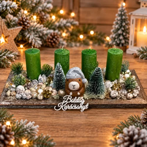 Karácsonyi asztaldísz, adventi gyertyával, capibara figura