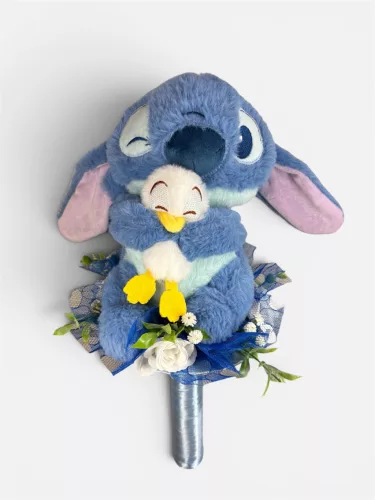 Ovis ballagó plüss csokor-45 cm Stitch csokor fehér virágokkal