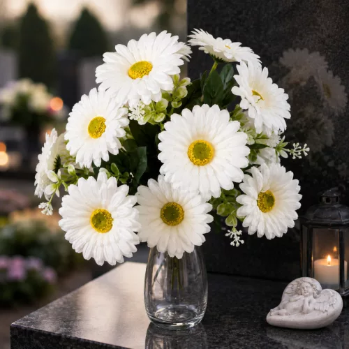 Fehér művirág gerbera csokor sírra, 12 fejes, zöld levelekkel, temetői vázában