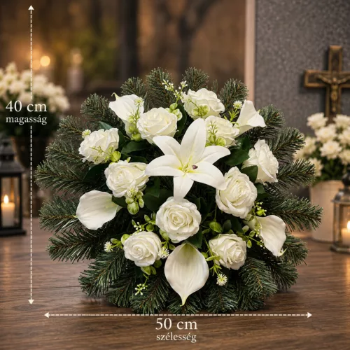 Álló temetési koszorú 50 cm, fehér selyem rózsákkal, liliommal és kálákkal, műfenyő alapon