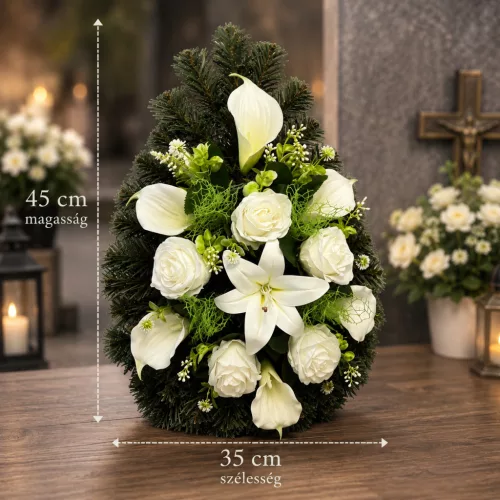 Álló, csepp alakú temetési koszorú 45 cm, fehér selyem rózsákkal, liliommal és kálákkal, műfenyő alapon