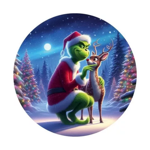 Nyomtatott fa tábla koszorú közép - Grinch őzikével 11,8cm
