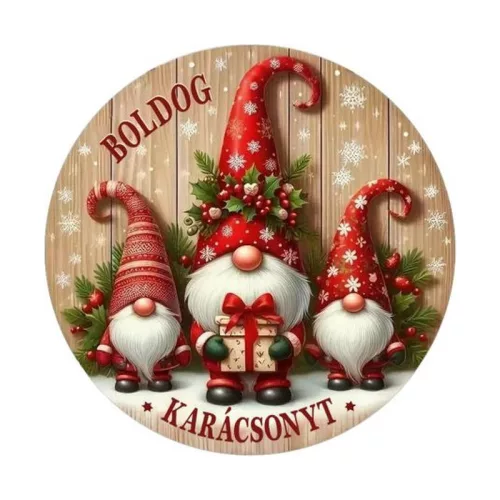 Nyomtatott fa tábla koszorú közép - Piros manók 11,8cm