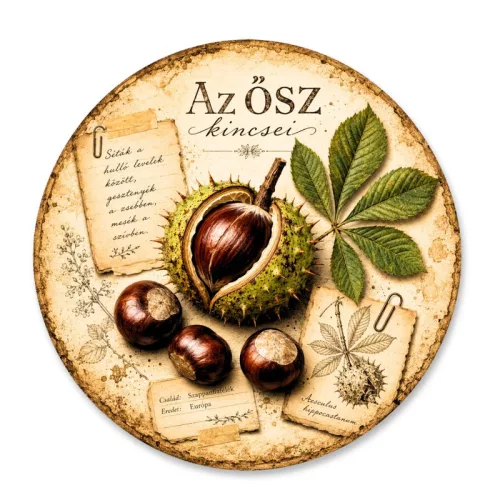 Nyomtatott fa tábla koszorú közép - Az ősz kincsei gesztenyés 11,8cm