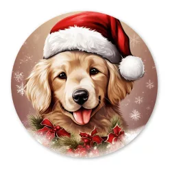   Nyomtatott fa tábla koszorú közép - Karácsonyi golden retriever 11,8cm