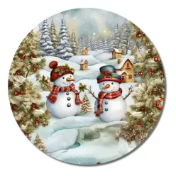   Nyomtatott fa tábla koszorú közép - Hóemberek téli táj 11,8cm