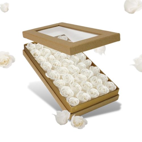 Prémium szappanrózsa szelence átlátszó tetejű natúr dobozban - fehér rózsával
