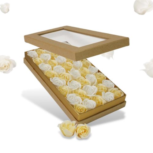 Prémium szappanrózsa szelence átlátszó tetejű natúr dobozban-krém és fehér rózsával
