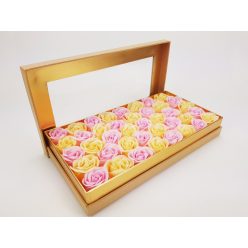   Prémium szappanrózsa szelence átlátszó tetejű natúr dobozban-krém és rózsaszín rózsával