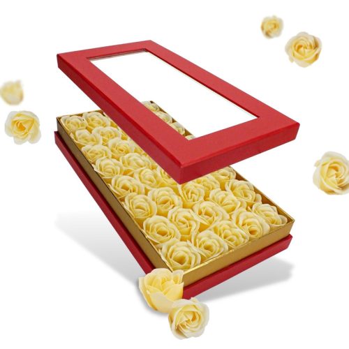 Prémium szappanrózsa szelence átlátszó tetejű piros dobozban - krém rózsával